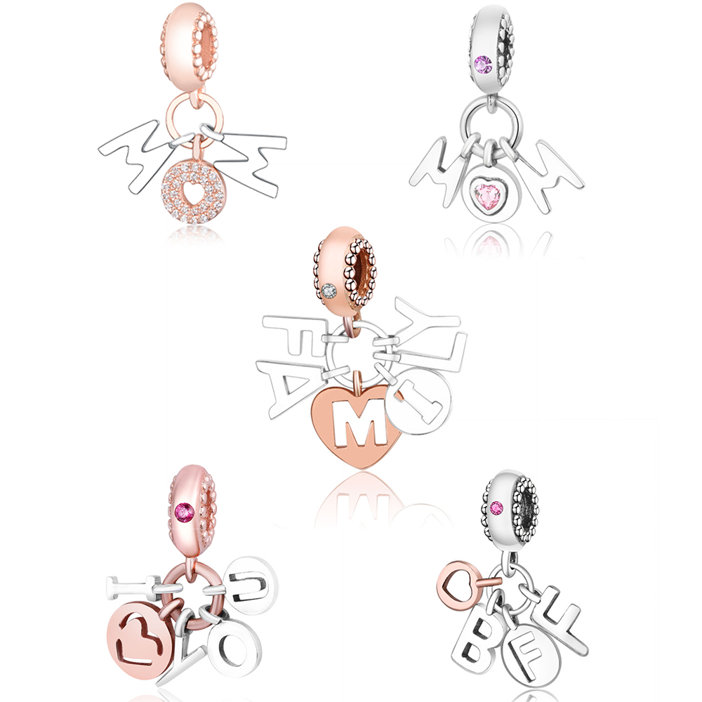 925 Silver Letter Rose Gold BFF Family Mom Love Heart Dangle Bead Fit Original Charm Bracelet Necklace Making Friendship Forever Berloque