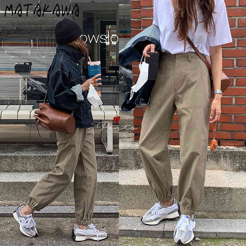 MATAKAWA Elastic Overalls Casual Pants Women Korea Chic Autumn Cargo Pants Simple High Waist Straight Pocket Trousers 210513