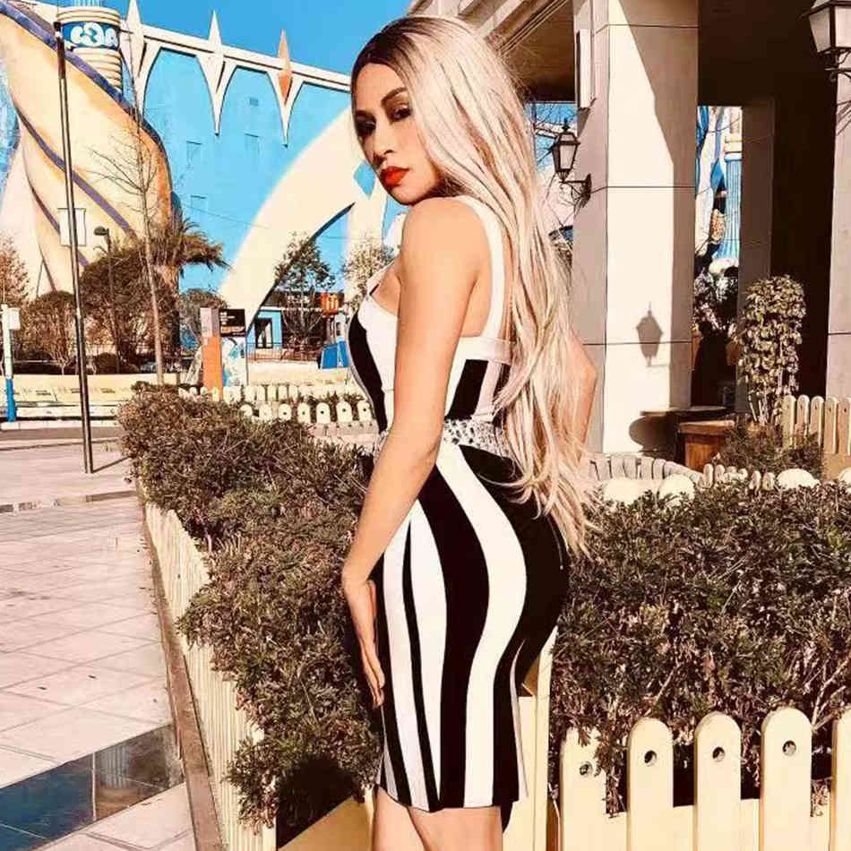 Summer One Shoulder Striped Club Bandage Dress For Women Sexy Sleeveless Diamonds Celebrity Evening Party Dresses 210423