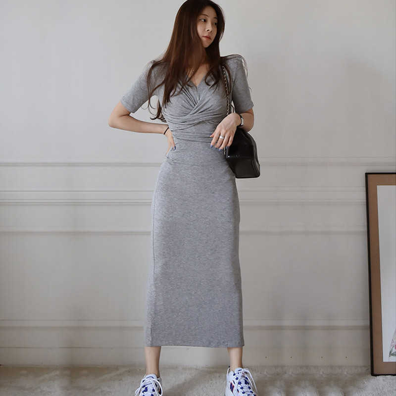 WOMENGAGA Summer Top Korean Casual Temperament Slim Long V-neck Pleated Short Sleeve T Shrit Maxi Dress Dresses HWTJ 210603