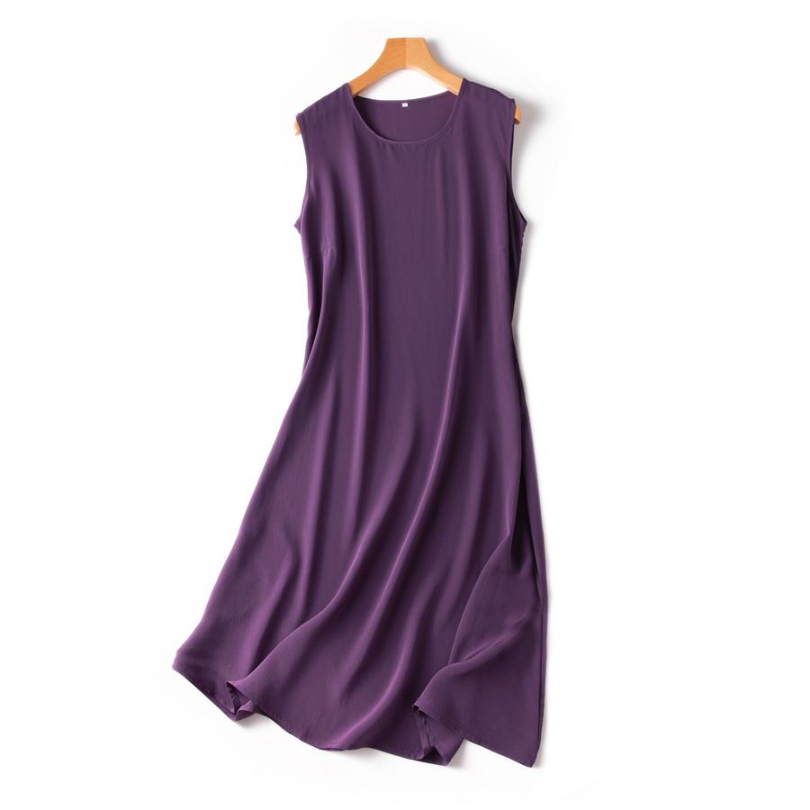 SuyaDream Woman Mini Dress 100%Silk Crepe Solid A line Sleeveless O neck Tank Dresses Spring Summer Chic Dress 210409
