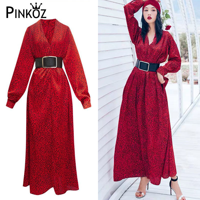 Spring Summer Women Dress Red Maxi Leopard Long V-neck Full Sleeve Vestido Verano Style Runway Party Belt 210421