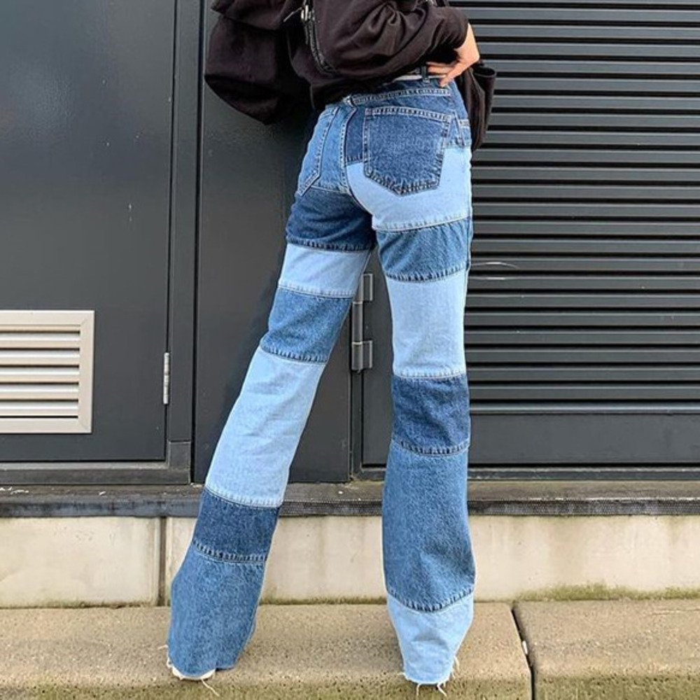 contrast color jeans women's spring fashion stitching high waist raw edge straight streetwear cowboy pants 210427