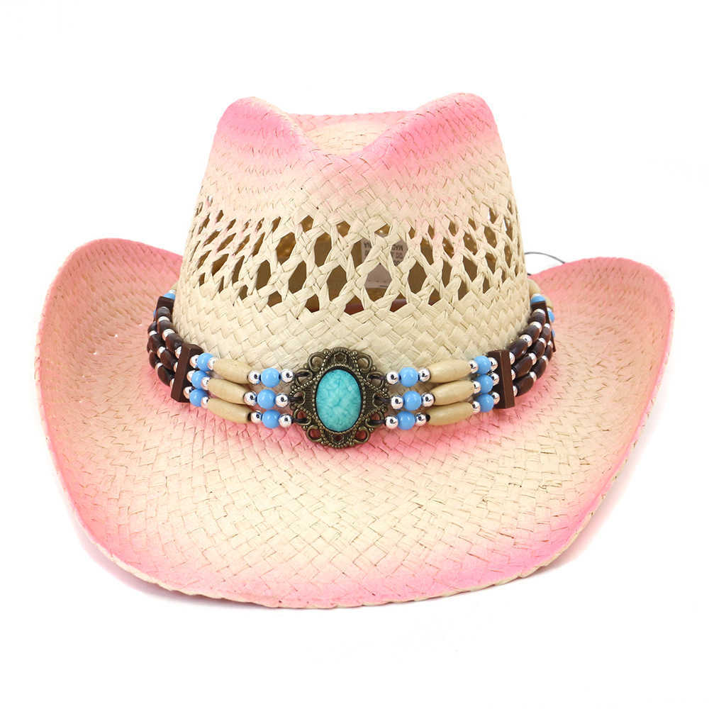 Men Natural Straw Western Cowboy Hat Handmade Weave Curling Brim Cowgirl Summer Hats Sombrero Cap Q0805