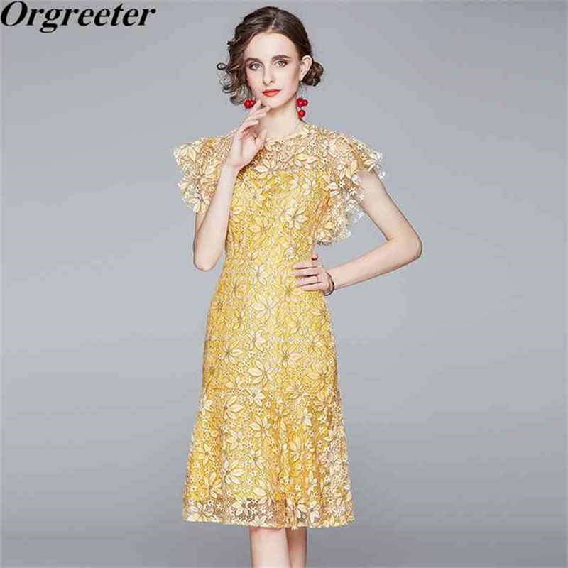 Summer Dress Elegant Ladies Temperament Slim Printted Knee-length Lace O-neck Flying Sleeve vestido feminino 210602, Yellow
Summer Dress Elegant Ladies Temperament Slim Printted Knee-length Lace O-neck Flying Sleeve vestido feminino 210602, Yellow