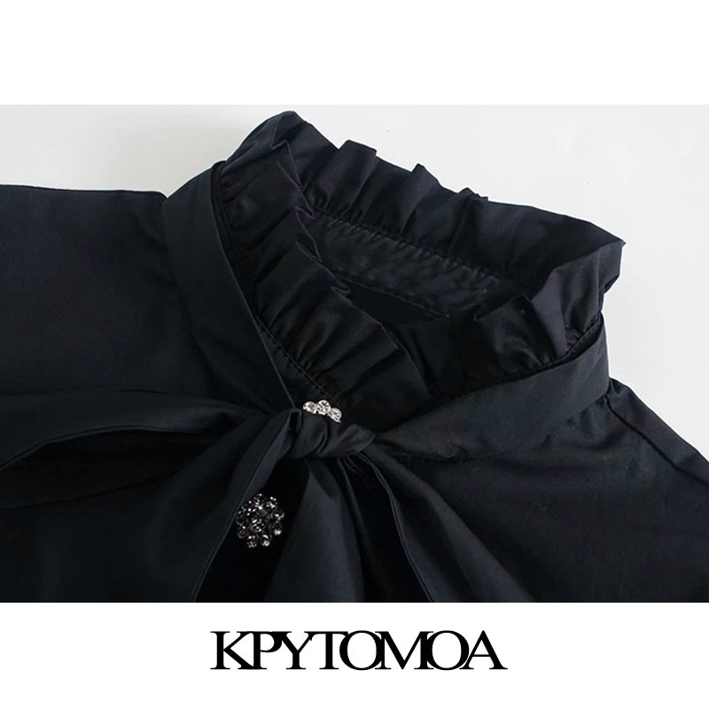 Women Fashion With Bow Tie Patchwork Denim Cropped Blouses Long Sleeve Button-up Female Shirts Chic Tops 210420