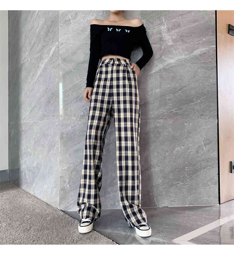Vintage Elegant Plaid Women Casual Long Pants Street Korean Fashion High Waist Straight Wide Leg Pant 210519