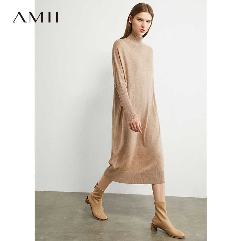 Minimalism Autumn Knitted Women Dress Causal Solid Turtleneck Sweater Calf-length Female 12030244 210527
