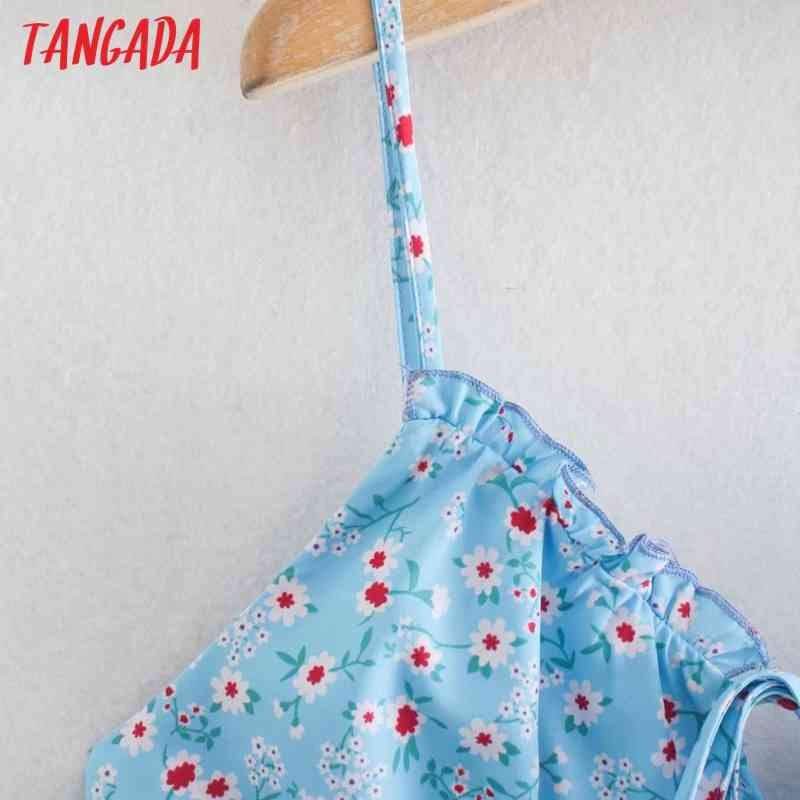 Summer Women Blue Floral Mini Sleeveless Strap Ladies Dress Vestidos XN324 210416