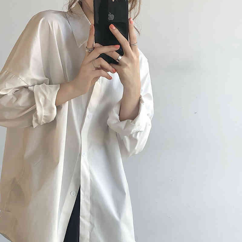 White Oversize Office Lady Loose Shirts Minimalist Solid Brief Chic Korean Stylish Lapel OL Arrival All Match Tops 210421