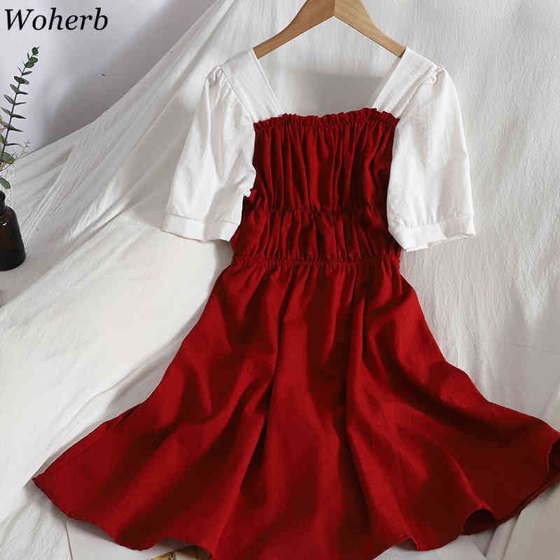 Pleated Slim Waist Dress Women Contrast Color Patchwork Short Sleeve Vestidos Korean Robe Square Neck Sweet Midi Dresses 210519