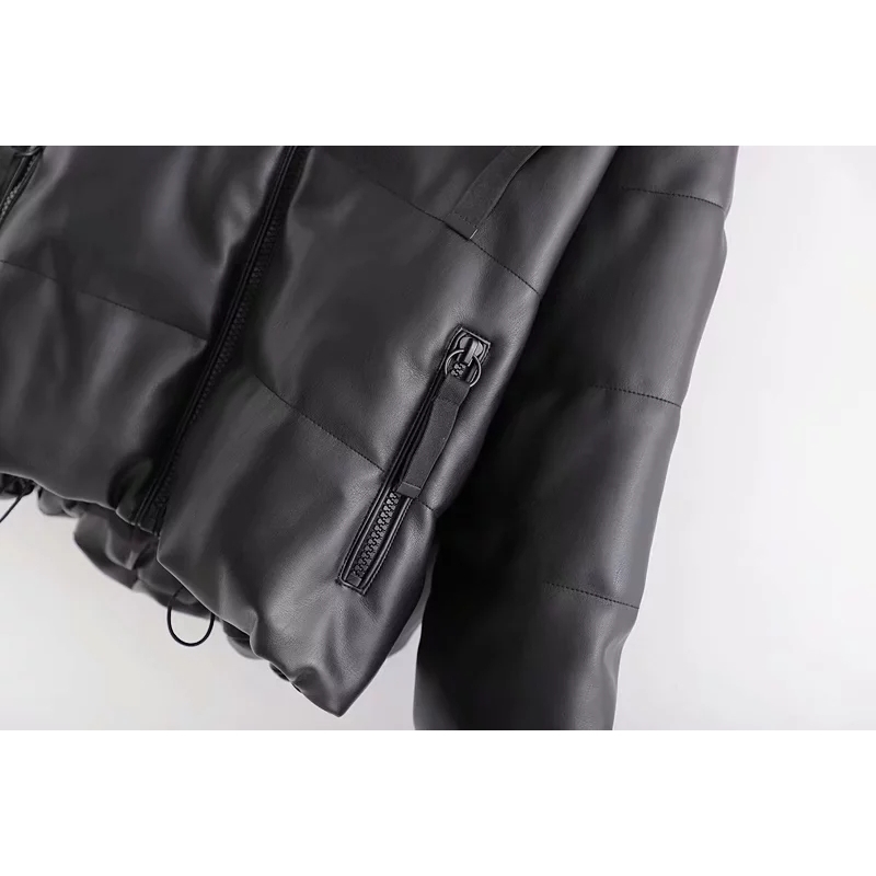 Vintage Hooded Faux Leather Parkas women PU Coats Korean warm thick parkas mujer plus size winter jacket 210521