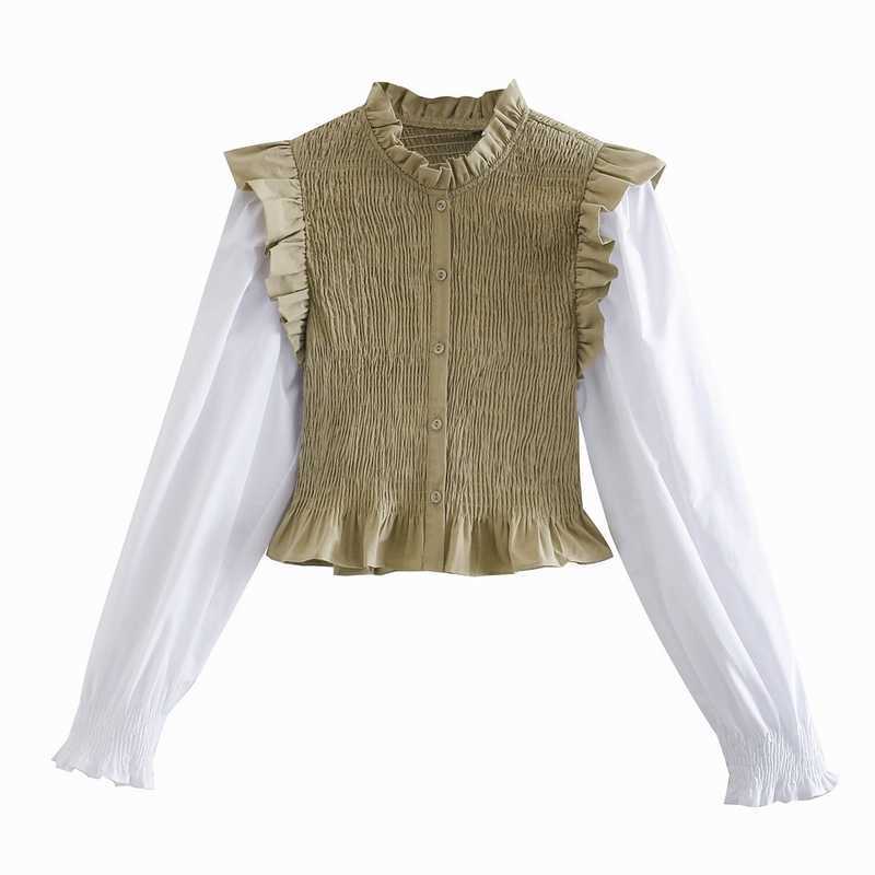 Stylish Women Shirt Spring Fashion Patchwork Sleeve Stretch Body Preppy Girl Blouse 210602
