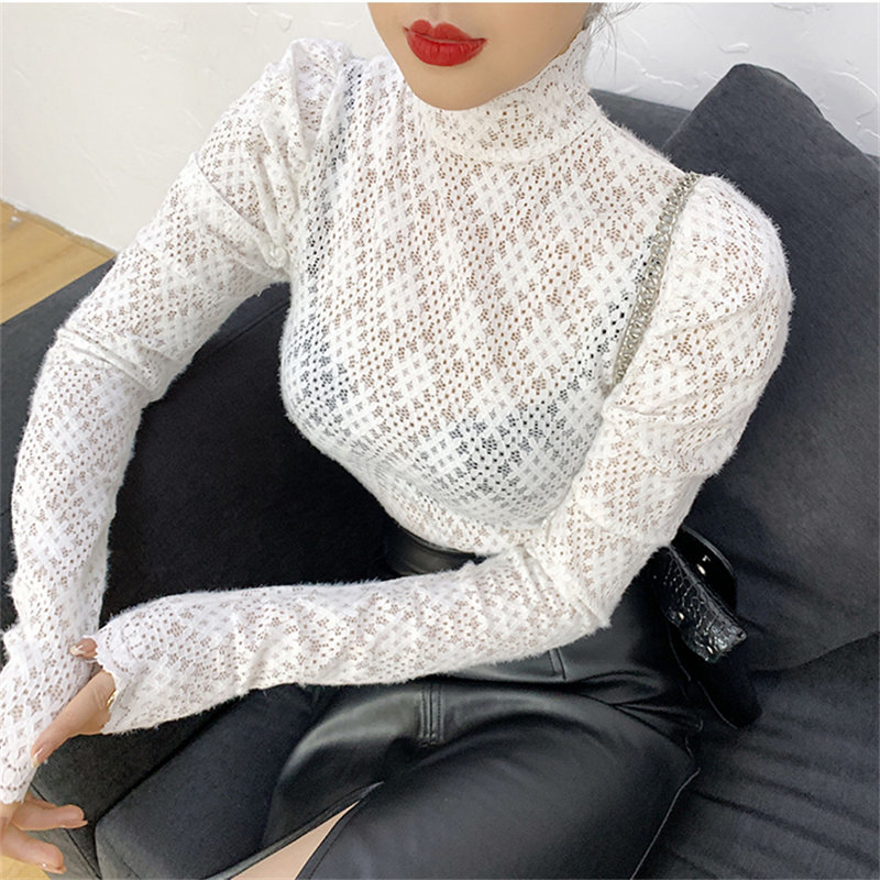Lace Sexy Turtleneck Solid Female Chic Basic Slim High Quality All Match Women Autumn Tops Puff Sleeves T-shirt 210421