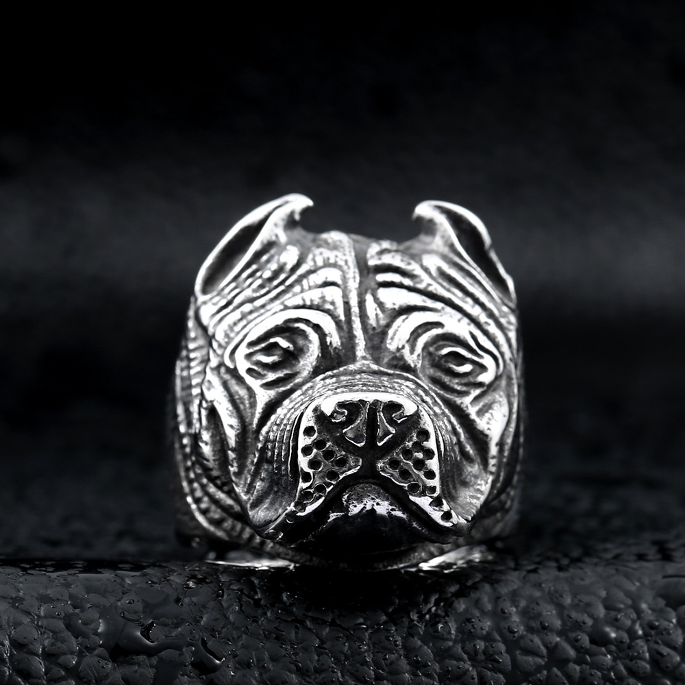Men's Vintage Stainless Steel Ring Viking Pitbull Bulldog Gothic Pug Dog Head Totem Amulet Punk Animal Jewellery for Men Boys Gift