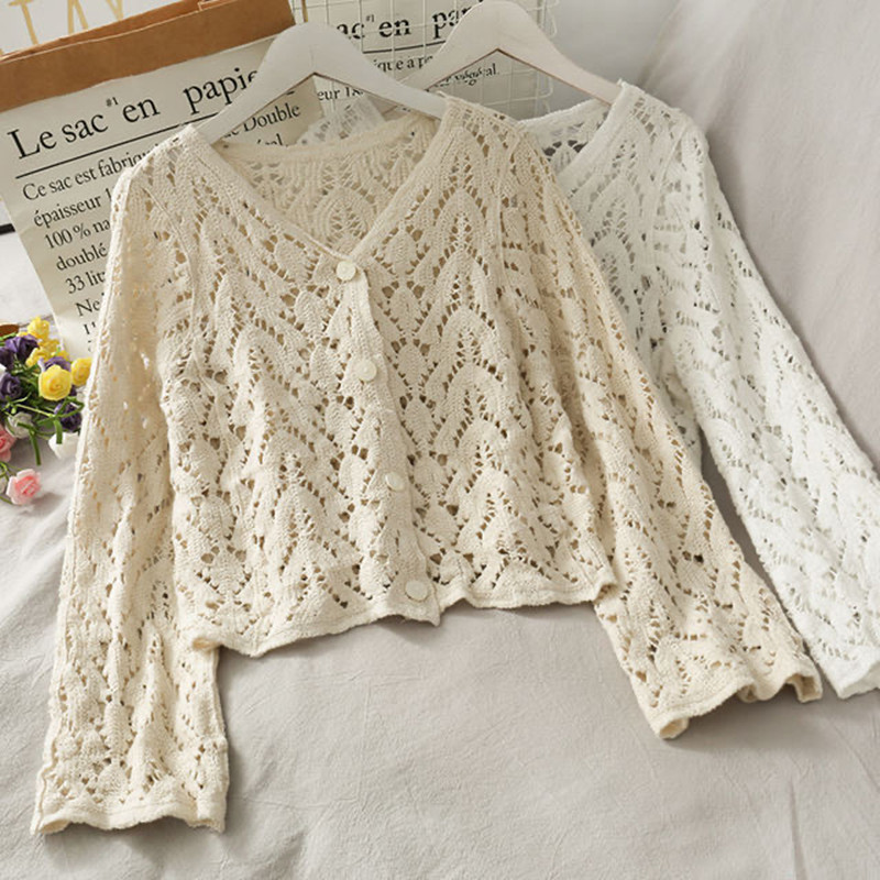 Comelsexy Korean Elegant Vintage Hollow Out Floral Crochet White Lace Summer Blouses Women Crop Tops Women Shirts Cardigan 210515