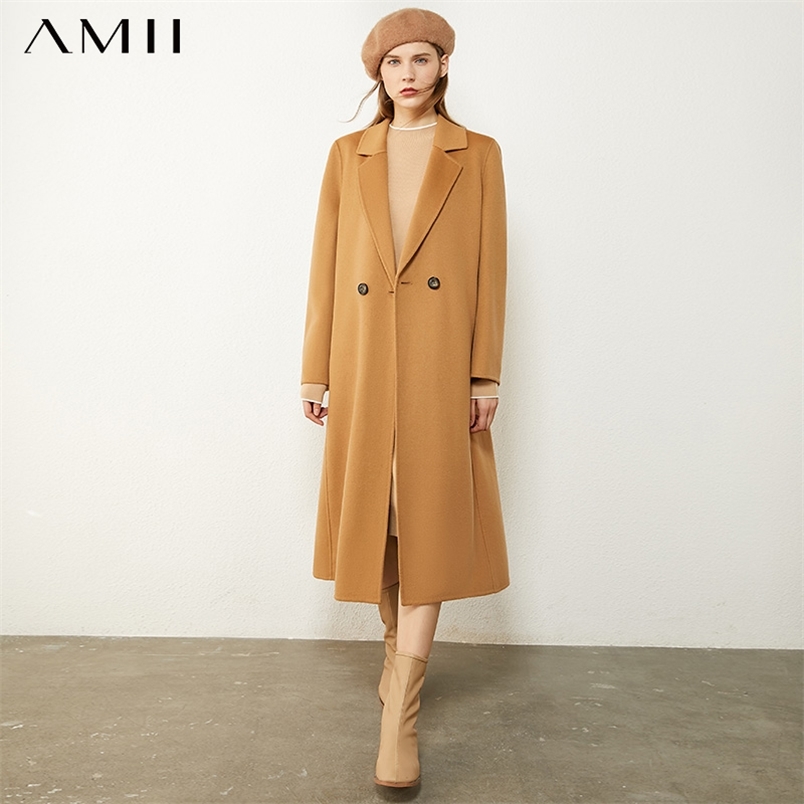 Minimalism Winter Coat For Women 100%woolen Lapel Double-sided wool coat Causal Thick Calf-length Female Jacket 12030256 210527