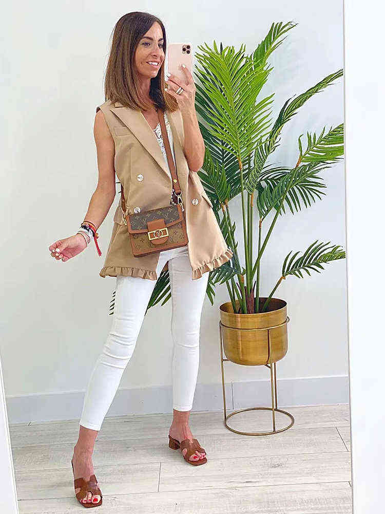 SLMD Stylish Chic Khaki Ruffles Double Breasted Vest Coat Women Fashion Pockets Waistcoat Female Casual Outfitsar 211120
