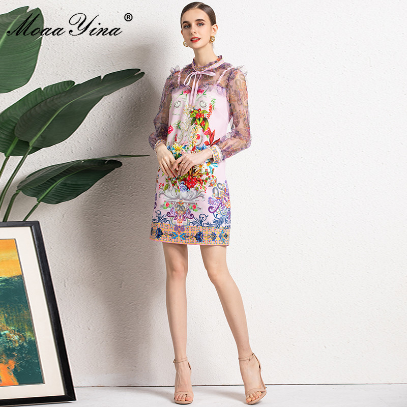Moaa Yina Summer Fashion Runway Short Dress Women Mesh Patchwork Long sleeve Floral print Vintage Party Mini 210524