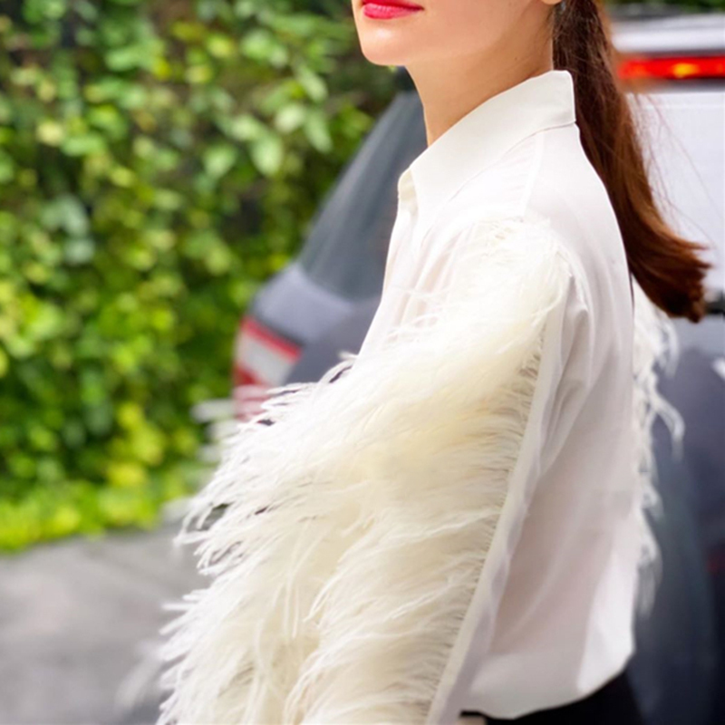 Black Patchwork Feather Shirt For Women Lapel Long Sleeve Minimalist Casual Blouse Female Fashion Clothing 210524