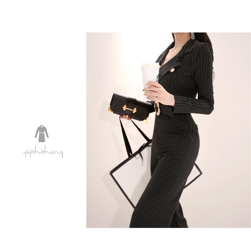 arrival High quality Spring Elegant rompers womens jumpsuit Black Striped Waist Long Jumpsuit 210520