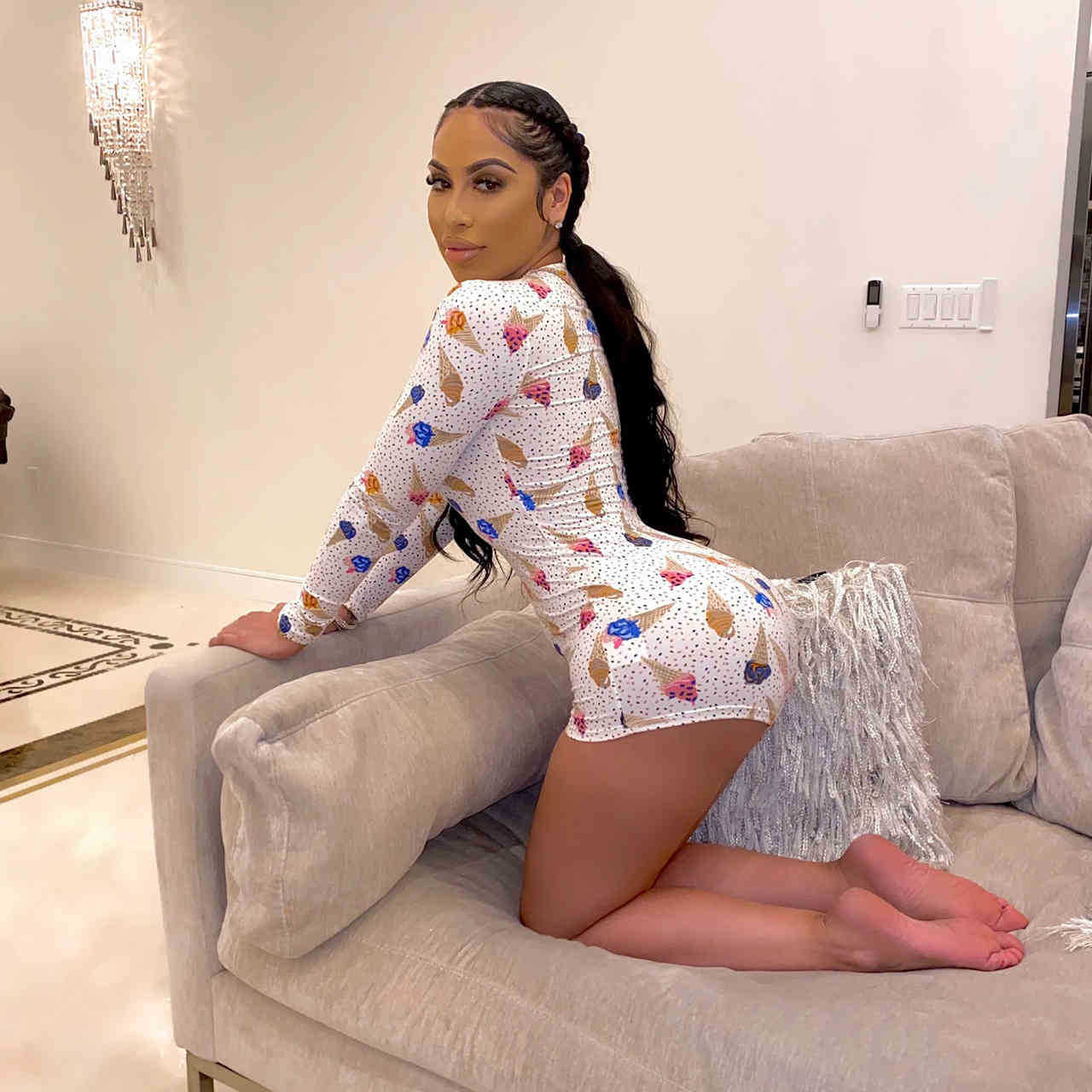 Sexy Skinny Jumpsuit Deep V-Neck Women Long Sleeved Summer Playsuits Cartoon Ice Cream Print Cute Jumpsuits 2021