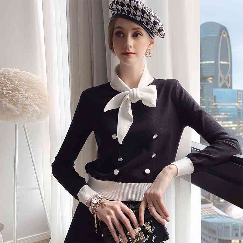 Dabuwawa Knitted Bow Neck Sweater Autumn Winter Long Sleeve Female Sweater Ladies Button Front Pullover Jumpers DT1DKT032 210520