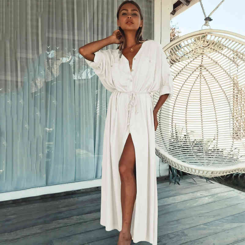 Sexy Bikini Cover-ups White Cotton Tunic Cusual Summer Beach Dress Elegant Women Plus Size Wear Swim Suit Cover Up Q1111 210420