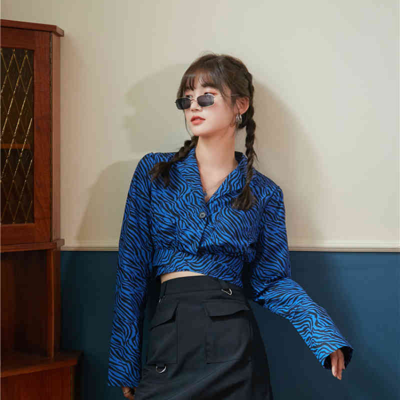 Nomikuma Korean Zebra Stripe Short Blouse Long Sleeve Notched Collar Women Tops Bow Bandage Slim Waist Blusas Shirt 6G921 210427