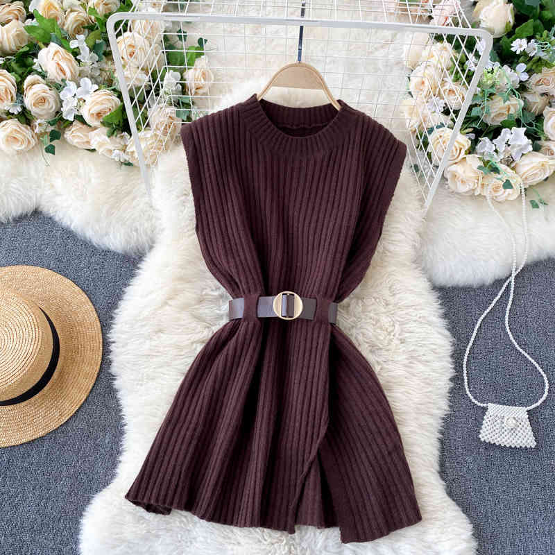 Nomikuma Women Elegant 2piece Suits Long Sleeve Causal Blouse Shirt + Belt Slim Waist O-neck Sweater Knitted Vest Sets 6D773 210427