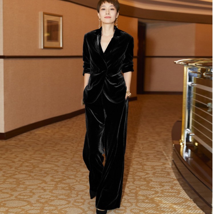 High Quality Runway Women Pants Set Fall Winter Velvet Black Blazers And Office Ladies Wide Leg Overalls Trousers Suit 210519