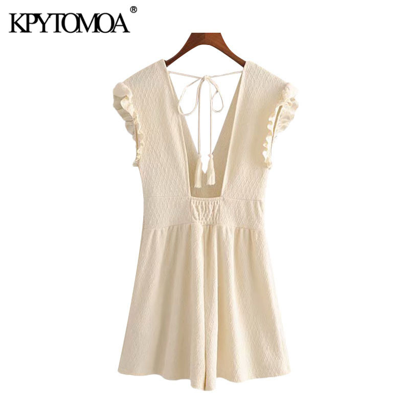 Women Chic Fashion Lace Patchwork Playsuits V Neck Sleeveless Backless Tied Female Short Jumpsuits Mujer 210420