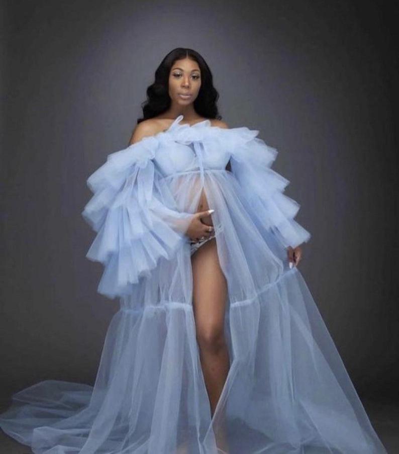 Light Sky Blue Maternity Sleepwear for Photoshoot Tulle Bathrobe Sexy Off Shoulder Full Sleeve Tiered Ruffles Prom Dress