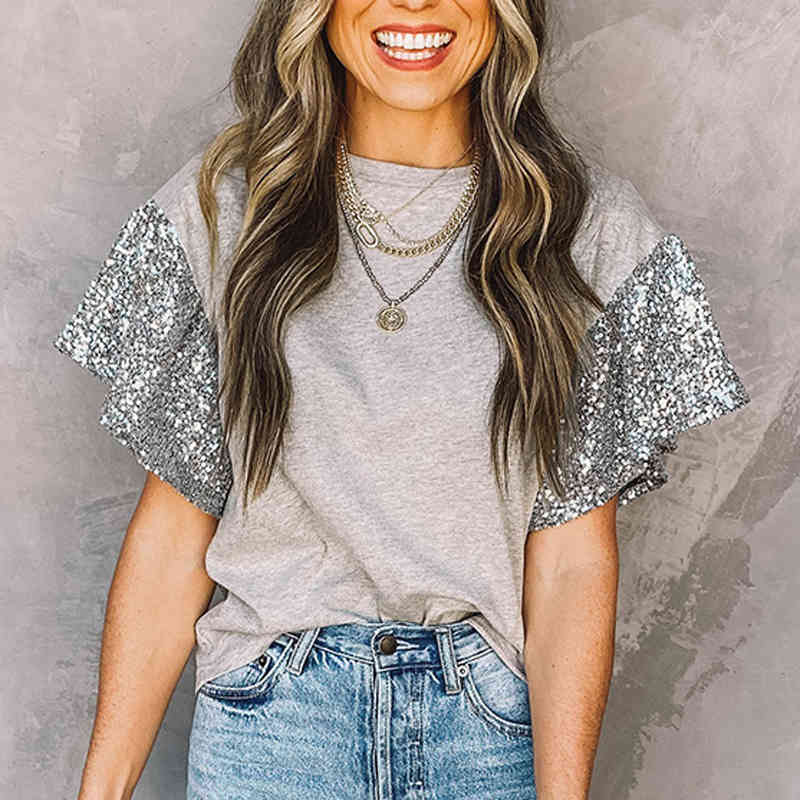 Vintage Sequin Sleeve T-shirt Women Top Patchwork Casual Summer O-Neck Harajuku Shirts Short-sleeve Tops Office Ladies T-shirts 210515
