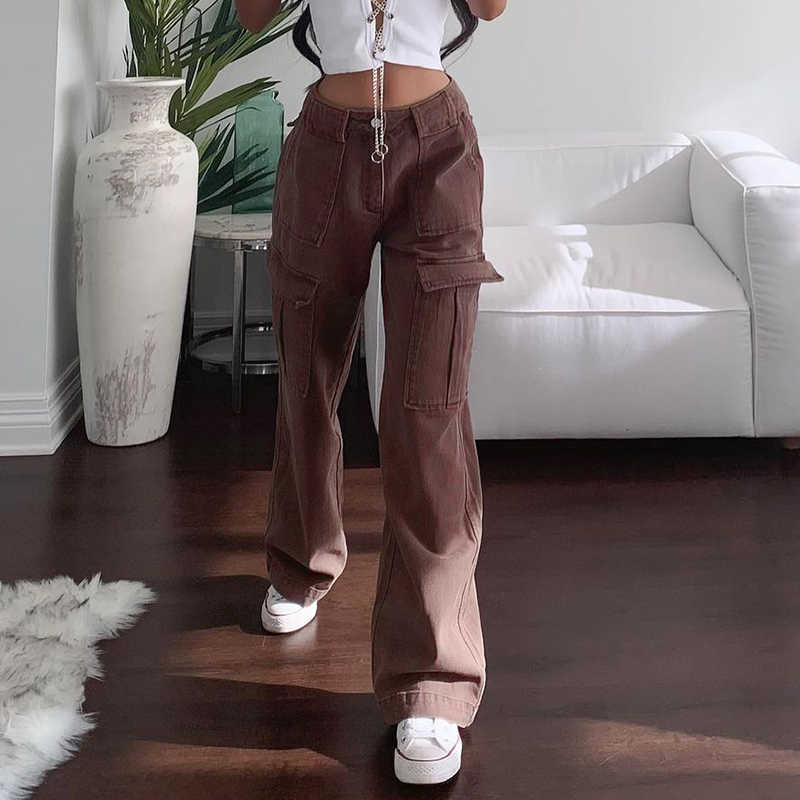 Rockmore Brown Vintage Baggy Jeans Women High Waist Pocket Cargo Pants 90s Streetwear Straight Trousers Harajuku Summer 210922