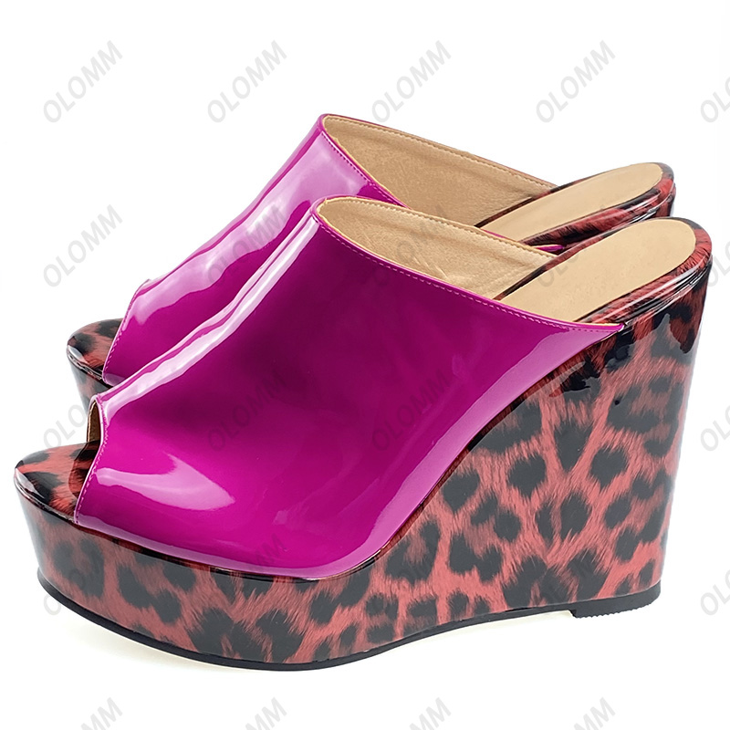 Rontic Women Platform Mules Sandals Slippers Red Leopard Wedges Heels Open Toe Gorgeous Party Shoes Women US Plus Size 5-20