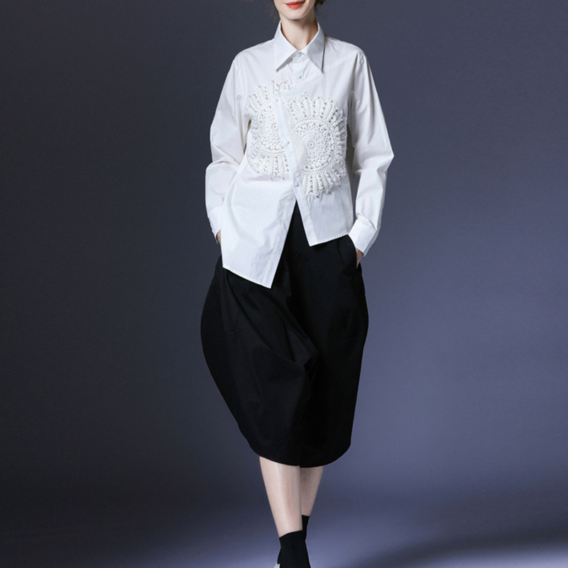 Patchwork Embroidery Shirt For Women Lapel Long Sleeve Casual White Blouse Female Fashion Clothing 210524