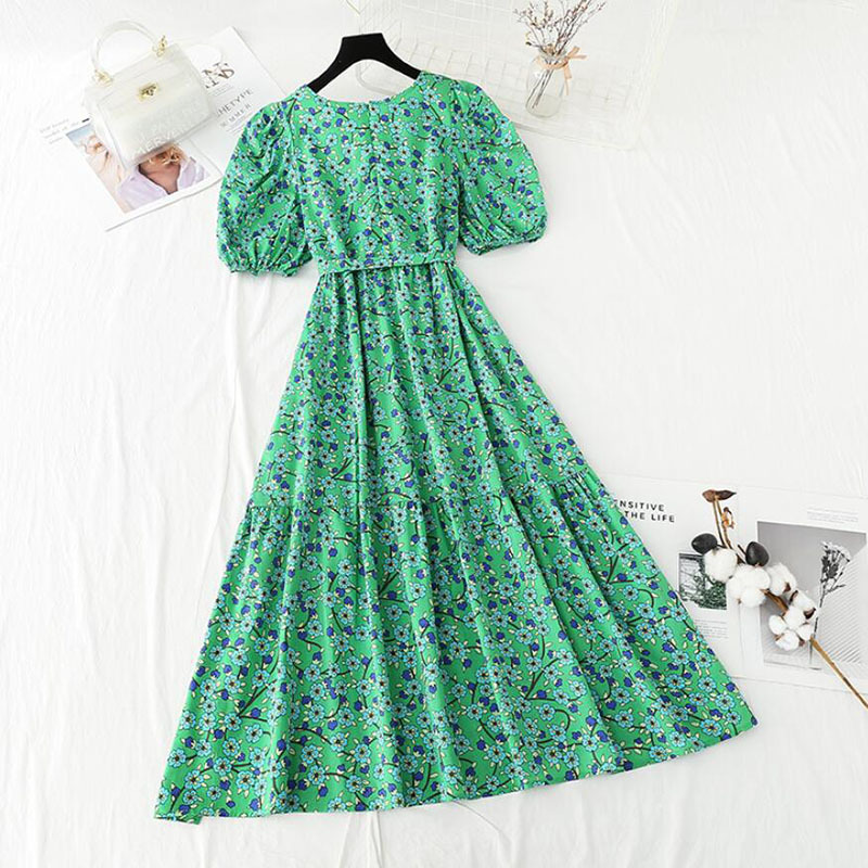 Cotton Linen Printing Summer Dress Vintage Casual Square Collar Short Sleeve Floral Midi Dresses Women Elegant Vestidos 210521