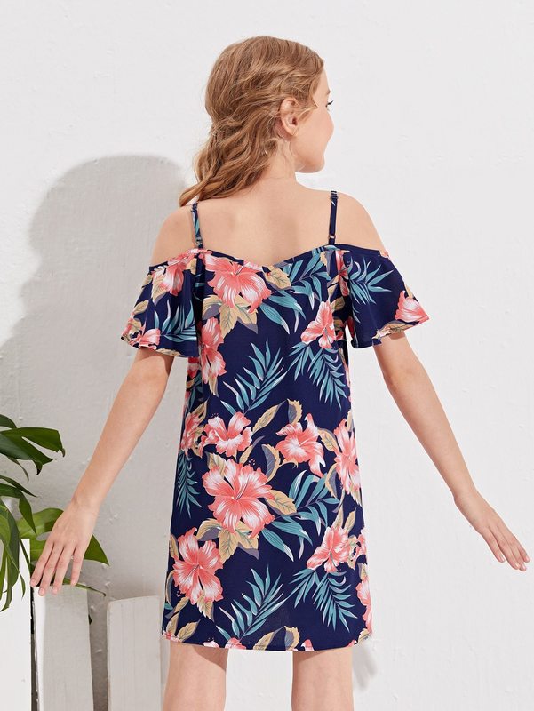 Girls Tropical Print Cold Shoulder Dress SHE