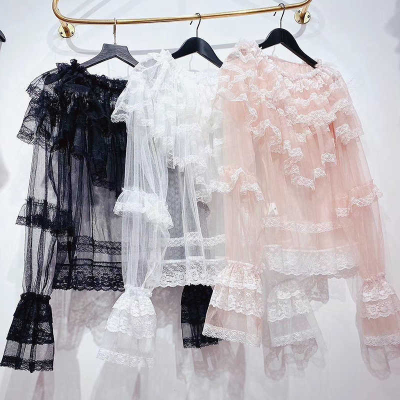 Patchwork Mesh Shirt For Women O Neck Flare Sleeve Lace Hollow Out Perspective Elegant Blouse Female Fashion Style 210531