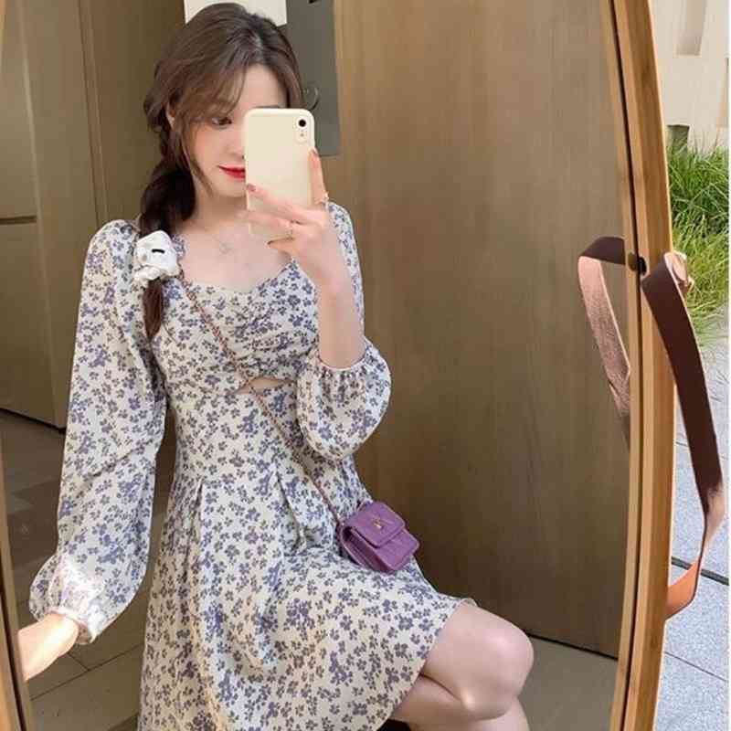 Summer Sweet Floral Mini Dress Women Long Sleeve Elegant Dress Kawaii Hollow Out Beach Party Dress Korean Style Office Lady 210521