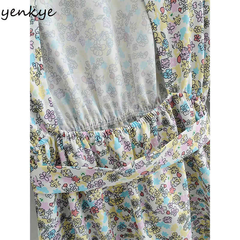 YENKYE Sexy Backless Sweet Floral Print Dress Women O Neck Long Sleeve With Belt A-line Female Dress Plus Size Summer Vestido 210515
