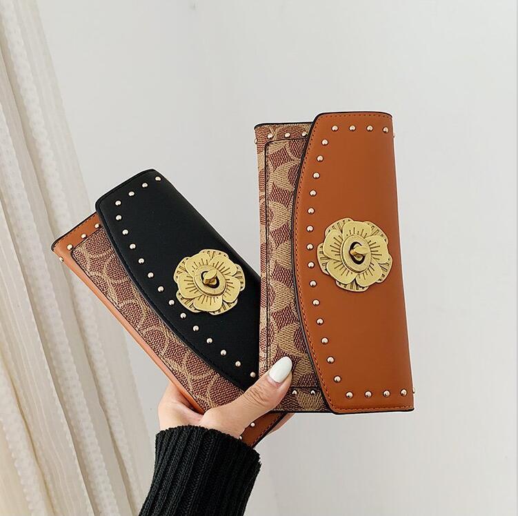 Factory wholesale women handbag fashion printed long wallet punk metal personality chain bag folding rivets color matching leather womens wallets