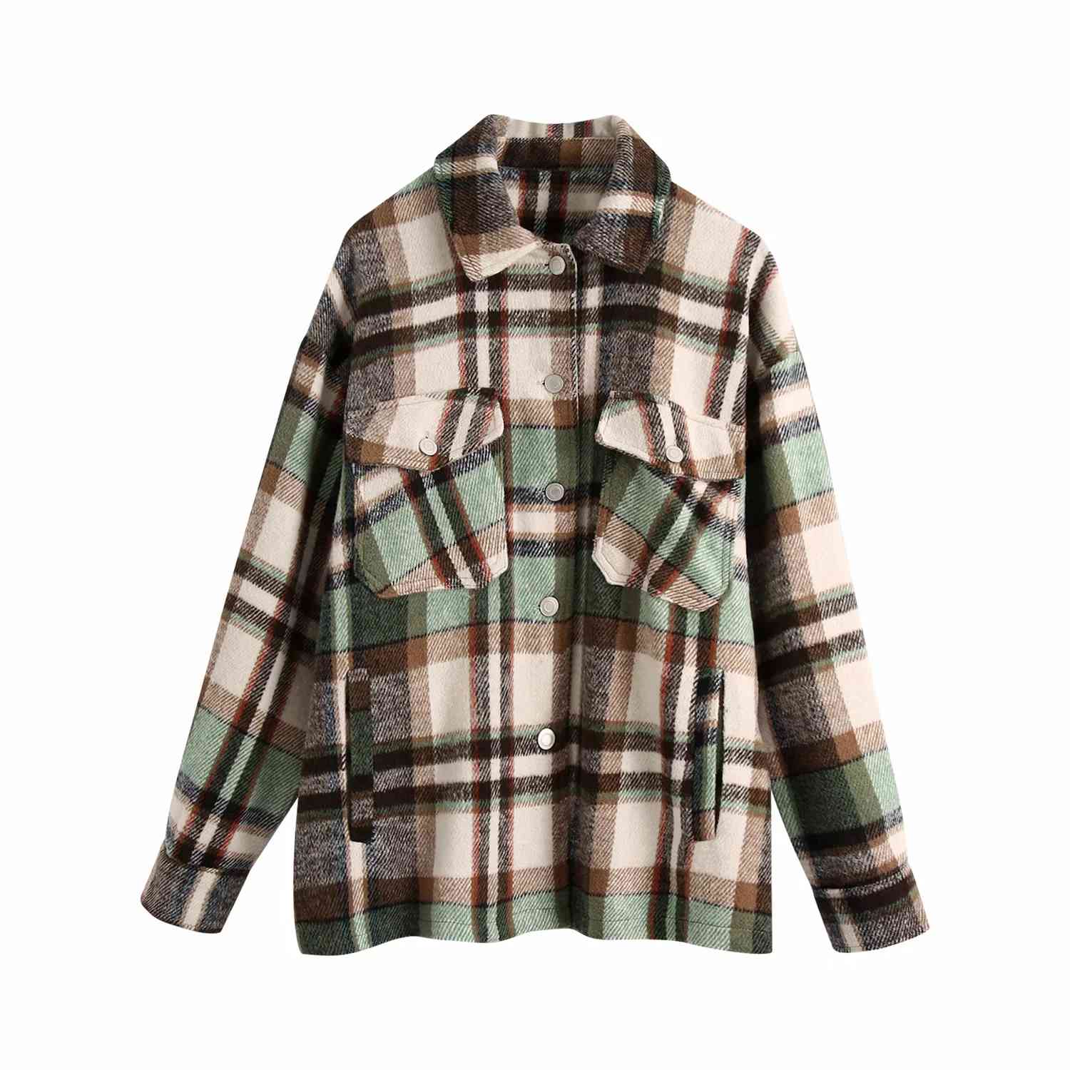 Fashion green Plaid shirt jacket women Oversized coat Long Sleeve thick plaid casual chic plus size outwear 210521