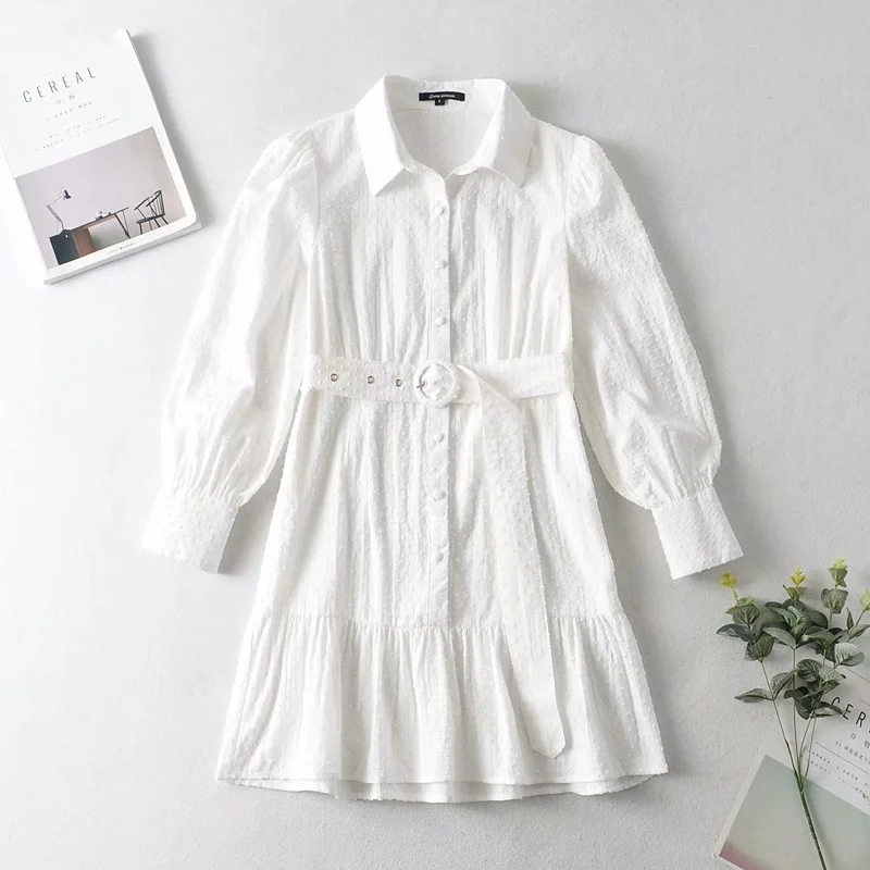 Polka Dot Dobby White Long Sleeve Dress Shirt Women Button Sash Transparent Short Dress Casual Spring Autumn Vintage Dress 210415