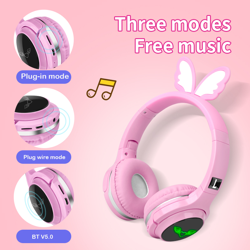 Cute Angel Wings Kids Bluetooth earbuds wireless bluetooth headphones LED Headphones support SD Card Headphone for Children Gift