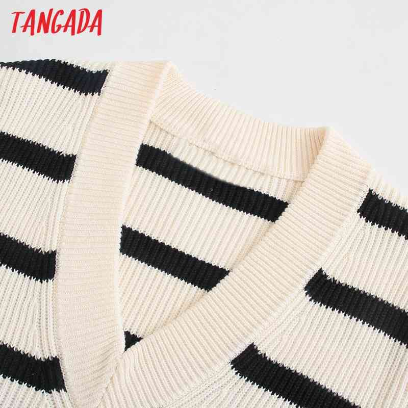 Women Oversized Striped Knitted Vest Sweater Jumper V Neck Sleeveless Female Waistcoat Chic Tops BE477 210416