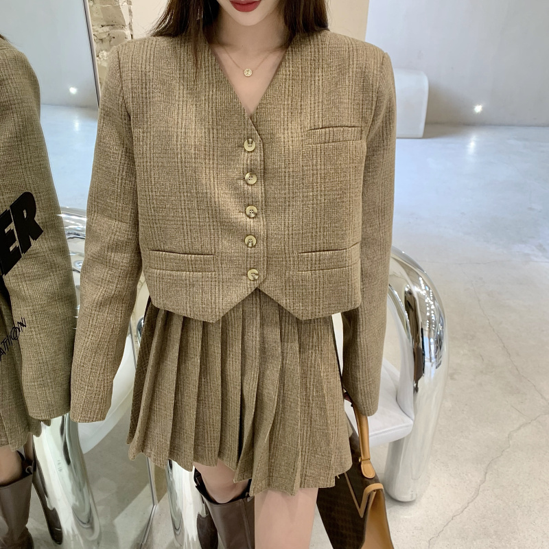 Plaid Femme Solid V Neck Short Single Breasted Vintage Mujer Chaquate Spring Korean Blazer Women 19660 210415