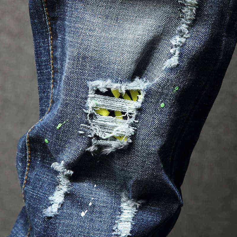 Men Hip Hop Ripped distressed Stretch Slim Fit Jeans Trousers streetwear man holes Ink printed Casual beggar Denim pants 211111