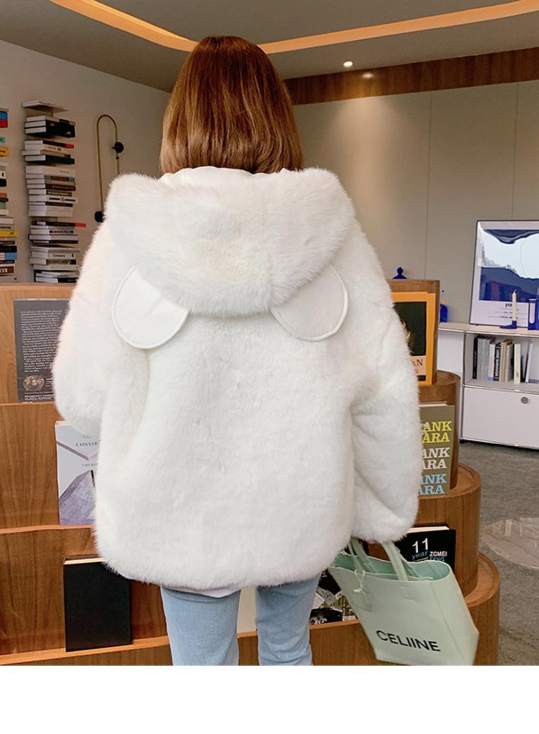 Oversize Winter Stay Warm Cat ears Hooded Large size Faux Fur Coat Casual Long sleeve Women Jacket Outwear 210429